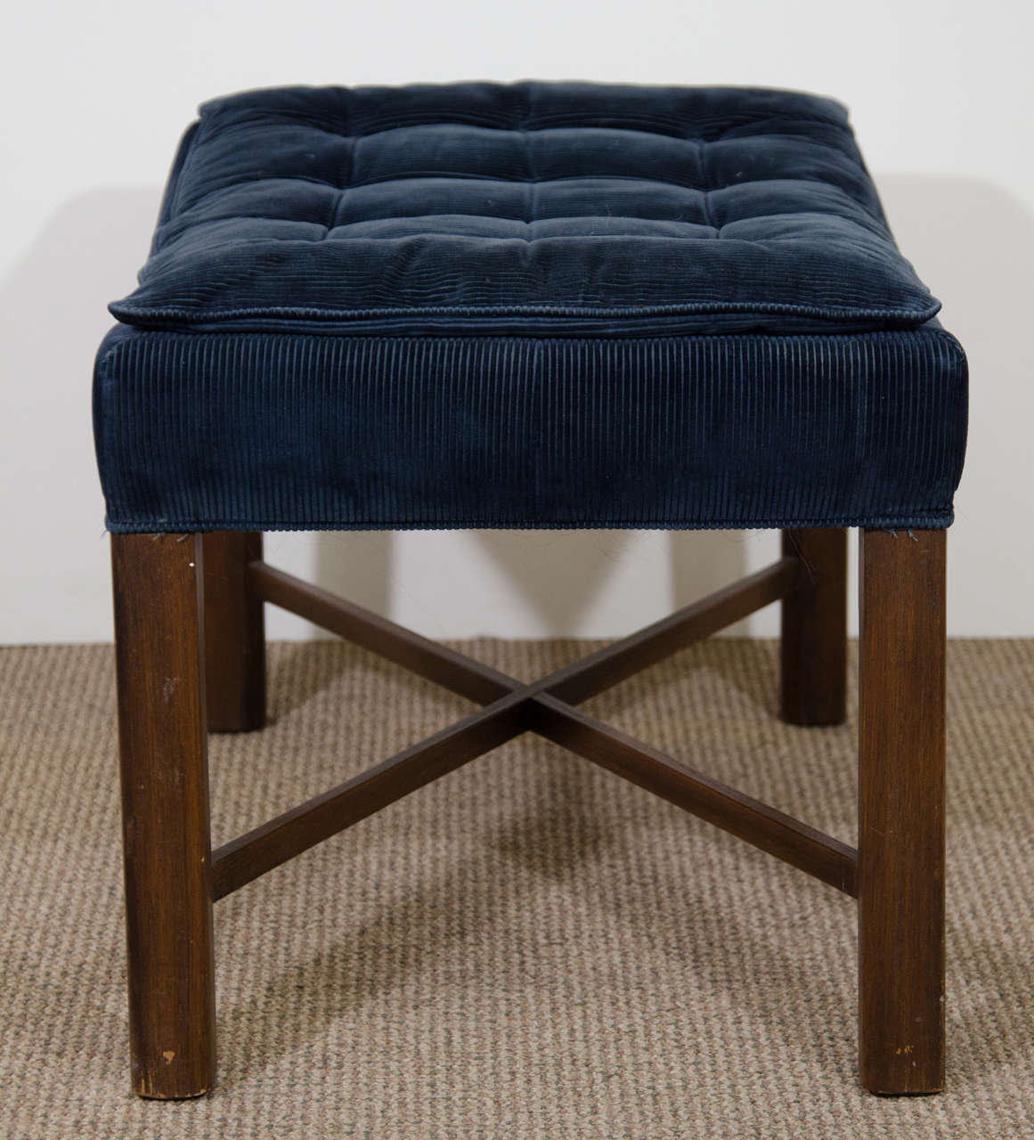 Late 20th Century Mid Century Pair of Blue Corduroy Tufted Benches