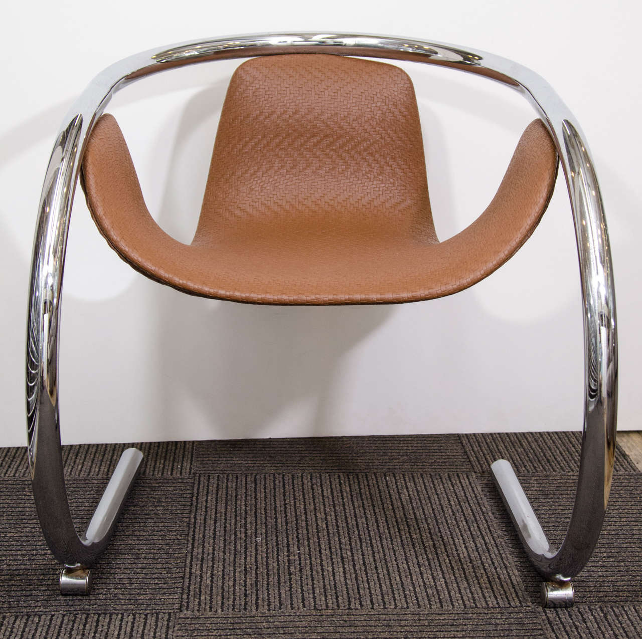 Vintage pair of California modern chrome and vinyl chairs by Bryon Botker for Landes Manufacturer.  Good condition with age appropriate wear; some scratches to seats.