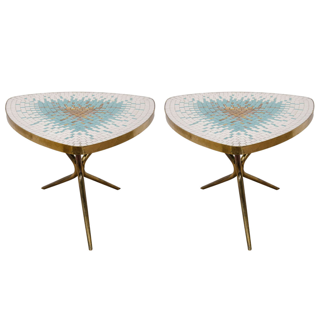 Spectacular Pair of Triangular Italian Tiled Side Tables on Tripod ...