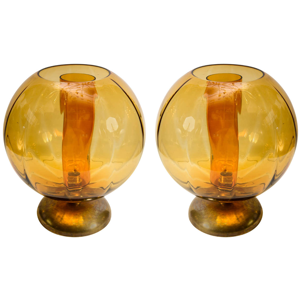 Big Pair of Orange Murano Glass and Brass Lamps