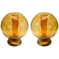 Big Pair of Orange Murano Glass and Brass Lamps