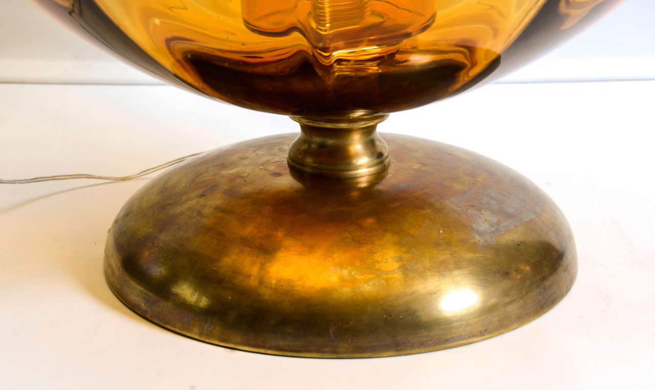 Mid-Century Modern Big Pair of Orange Murano Glass and Brass Lamps