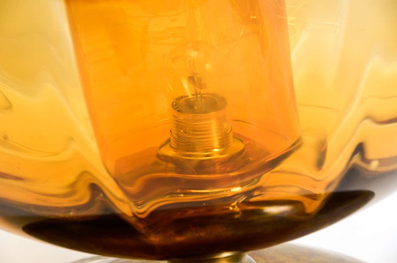 Italian Big Pair of Orange Murano Glass and Brass Lamps