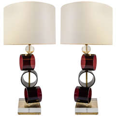 Pair of Purple Murano glass and Brass Lamps