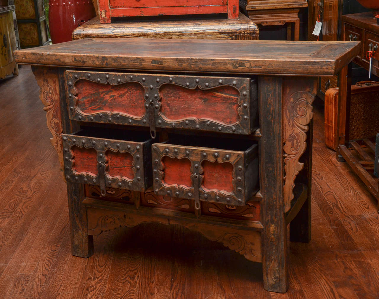 Chinese Q'ing Dynasty Shanxi Three-Drawer Lacquered Altar Coffer with Iron Trim For Sale