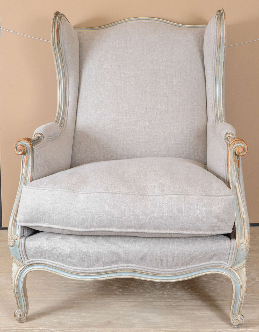 A pair of 2oth. century blue/grey coloured French fauteuils, with a naturel fabrique