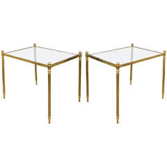Pair of Brass Side Table with Glass Tops, Ball Finials and Fluted Tapered Legs