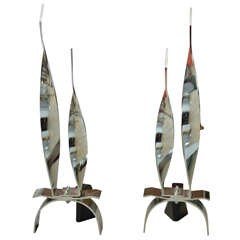 Pair of Twisted Chrome-Plated Andirons with Blackened Steel Bases