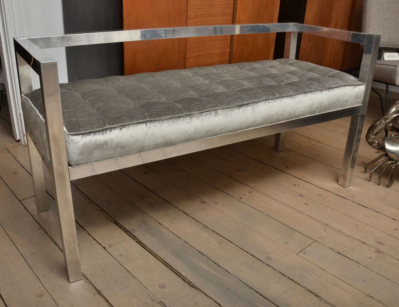 Chromed Aluminum Grey Velvet Upholstered Bench