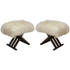 Pair of Harvey Probber Shearling "X" Base Benches