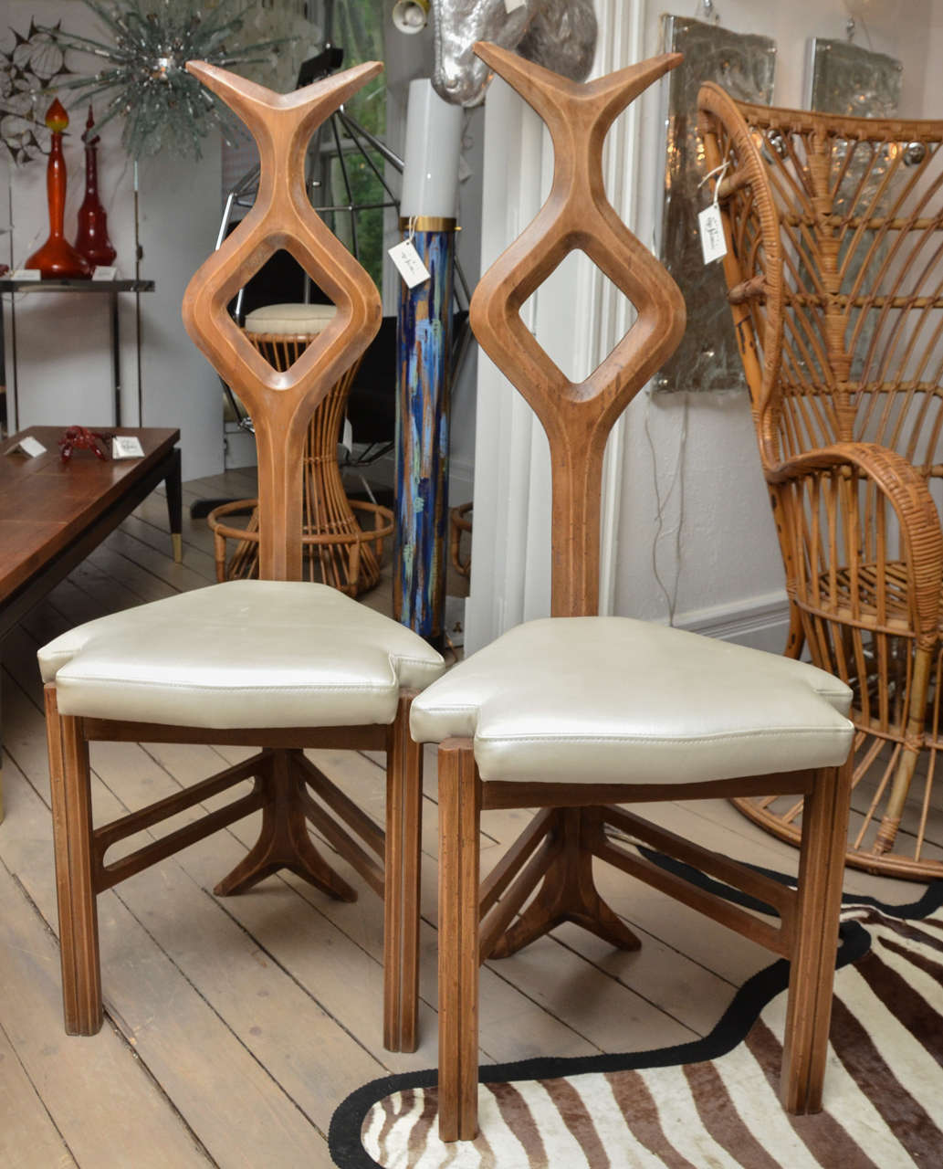 Pair of Stylized Wood Upholstered Chairs with Triangle Detalis by Pozzi & Varga