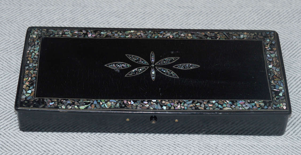 French Louis Philippe Papier Mâché Pen Box with Mother of Pearl Decorative Inlay For Sale