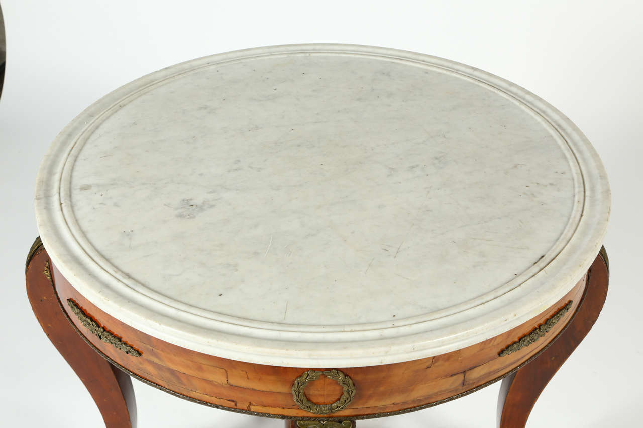 Veneer French Gueridon Table with a White Marble Top For Sale