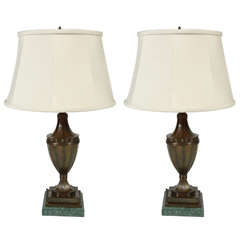 Pair of Patinated Bronze Urn Lamps with Marble Bases