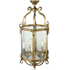 Vintage Large French Hexagonal Bronze Hall Lantern
