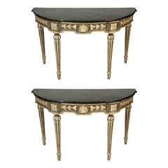 Pair of French Louis XVI Style Demilune Console Tables with Marble Tops