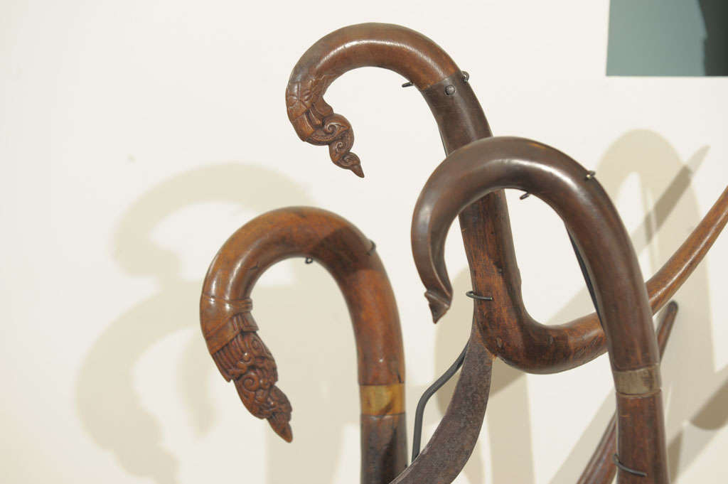 Rare Carved Teak Rice Cutters on Stand For Sale 3