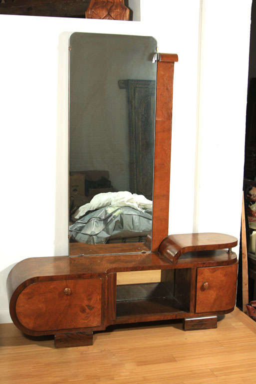 BURL  WALNUT ART DECO DRESSING TABLE.MADE IN FRANCE  1920 AND PURCHASED IN ISTANBUL-MIRROR ON BACK- TWO CABINET DOORS AND OPEN NICHE CENTER
