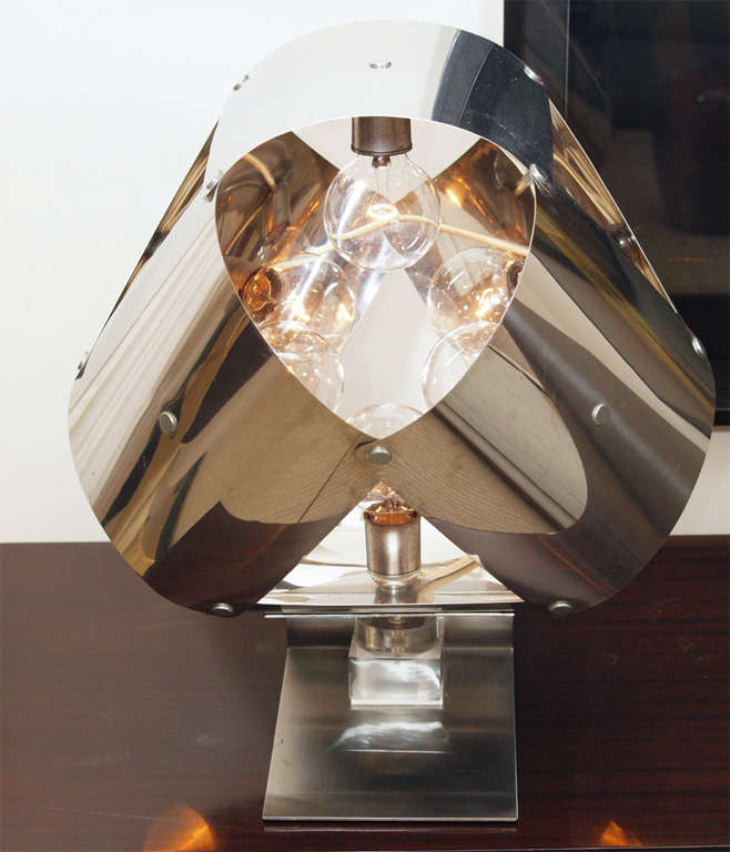 Six-light table lamp in chromed sheet metal, riveted at the joints