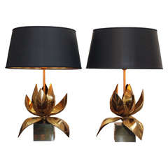 Pair Bronze "Lotus Blossom" Table Lamps attrib. Maison Charles