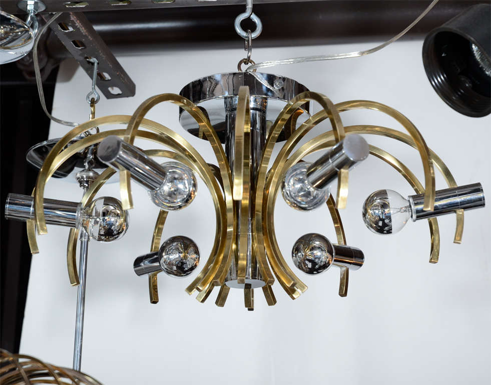 Italian Sophisticated Mid-Century Modernist Brass and Chrome Chandelier by Sciolari