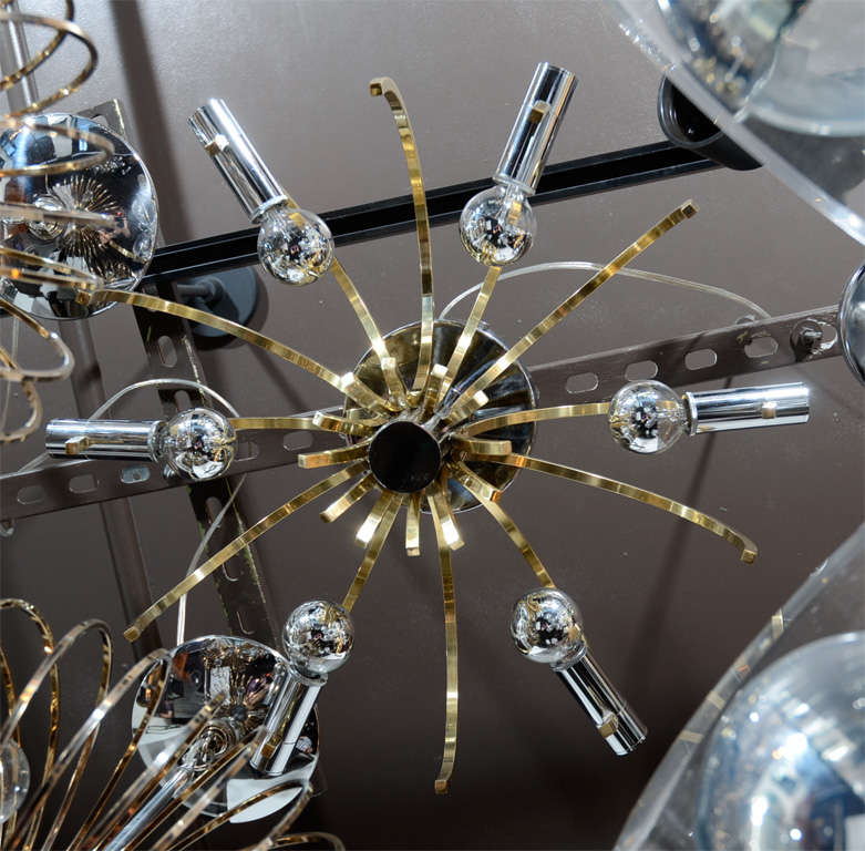 20th Century Sophisticated Mid-Century Modernist Brass and Chrome Chandelier by Sciolari