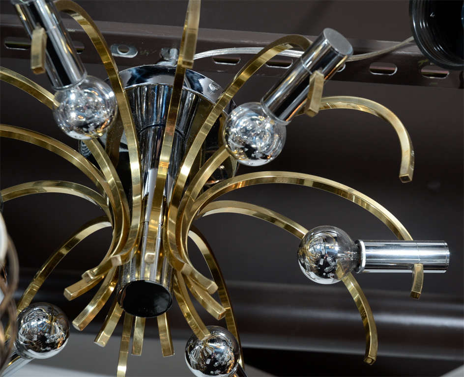 Sophisticated Mid-Century Modernist Brass and Chrome Chandelier by Sciolari 3
