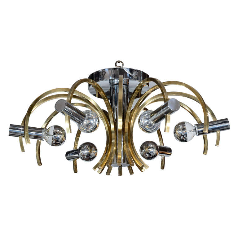 Sophisticated Mid-Century Modernist Brass and Chrome Chandelier by Sciolari