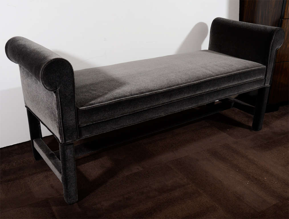 Glamorous Modernist Upholstered Bench in Charcoal Mohair