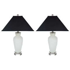 Impressive Pair of Molded Glass Urn Lamps with Frosted Relief