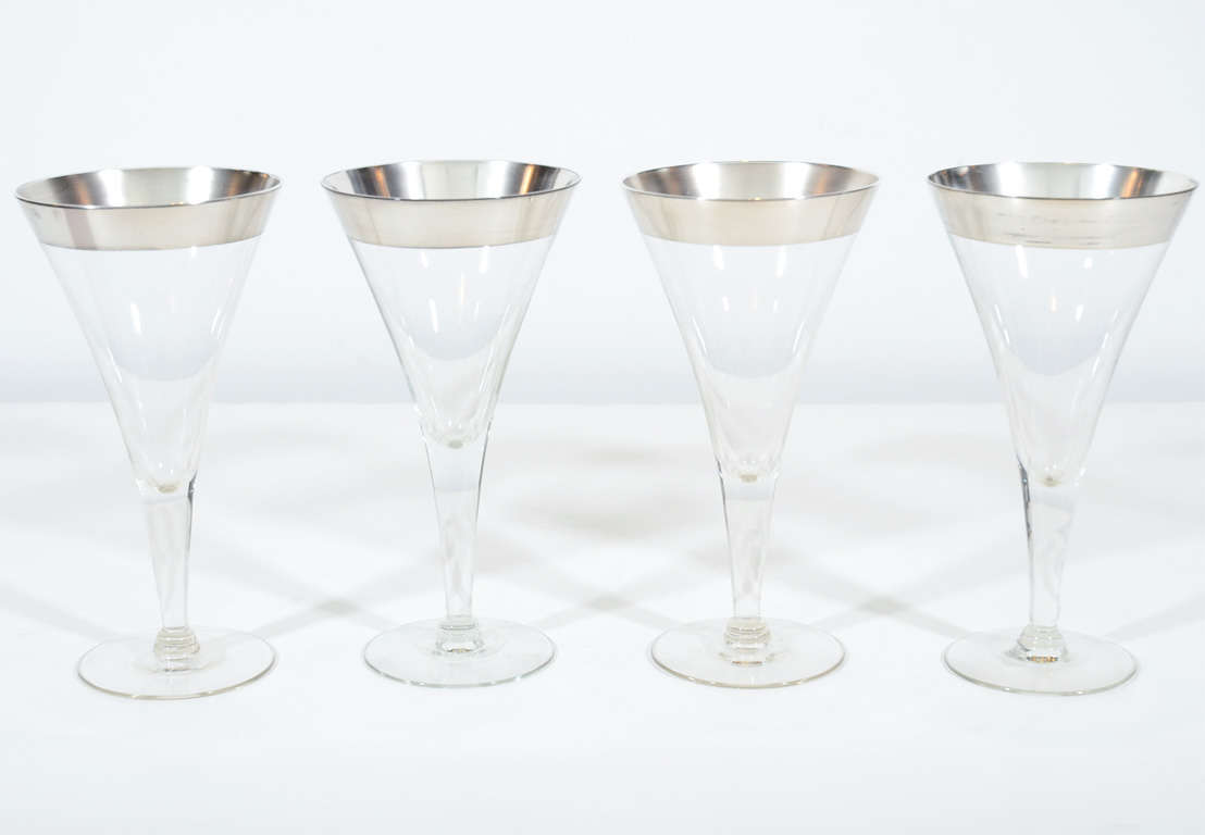 Set of Four 1940s Goblets with Sterling Silver Banding