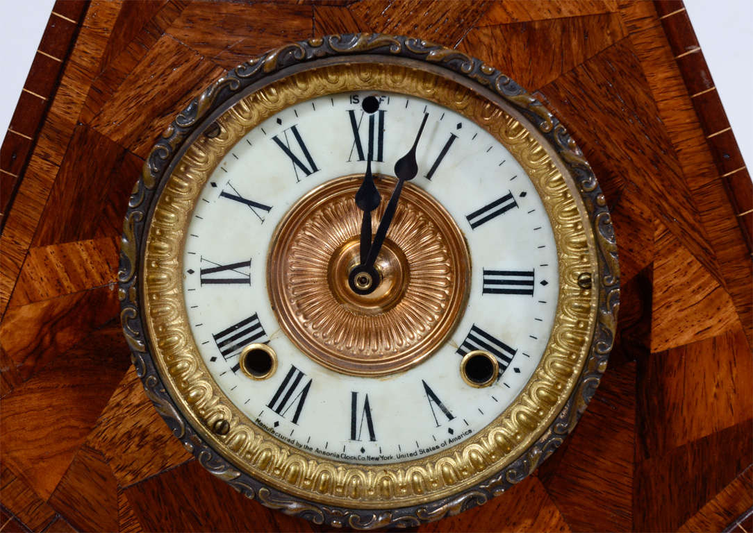 Handsome Arts and Crafts Inlaid Exotic Wood Mantle Clock In Excellent Condition In New York, NY