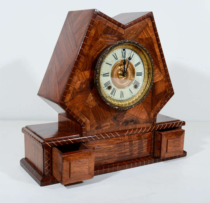 20th Century Handsome Arts and Crafts Inlaid Exotic Wood Mantle Clock