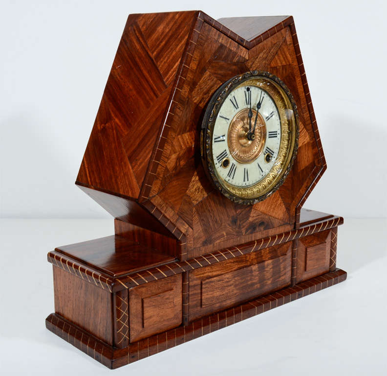 Handsome Arts and Crafts Inlaid Exotic Wood Mantle Clock 1
