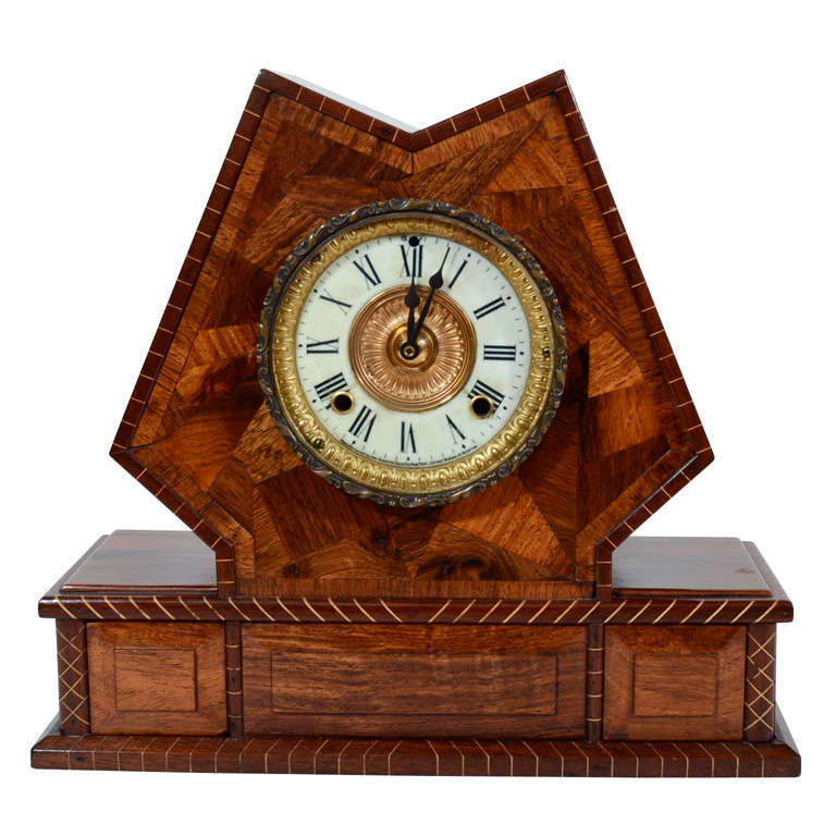 Handsome Arts and Crafts Inlaid Exotic Wood Mantle Clock