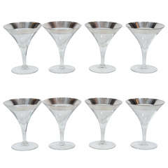 Set of Eight 1940s Martini Glasses with Sterling Silver Banding