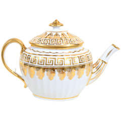 A Coalport White and Gilt Neoclassical Tea Pot with Greek Key Design