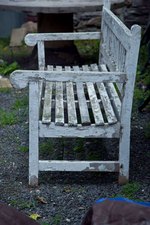 Lovely English Teak Garden Bench in Old White Paint 4