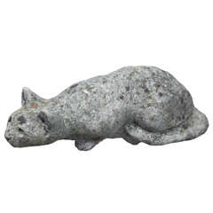 Vintage Weathered Cast Stone Crouching Cat