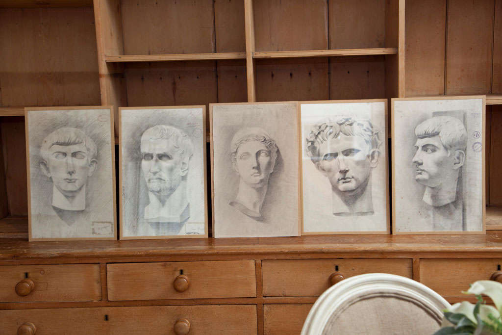 Classical Roman Set of Five Renée Mourgue Classical Pencil Drawings For Sale