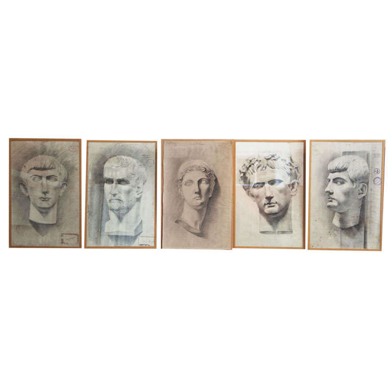 Set of Five Renée Mourgue Classical Pencil Drawings For Sale