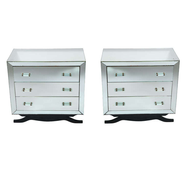  Maison Jansen Mirrored Chests with Original Glass Handles For Sale