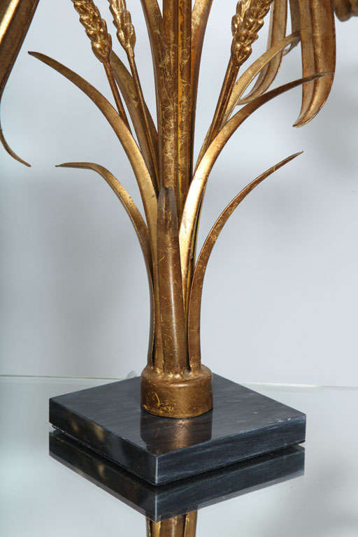 Mid-20th Century Pair of Italian Brass and Marble Floral Lamps