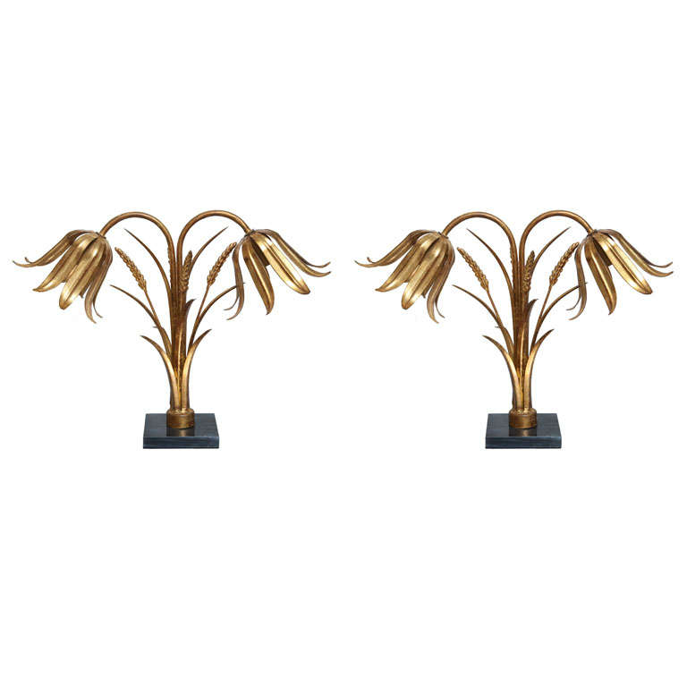 Pair of Italian Brass and Marble Floral Lamps