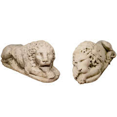 An Associated Pair of18th/19th Century Carved Marble Recumbent Lions for a Garden