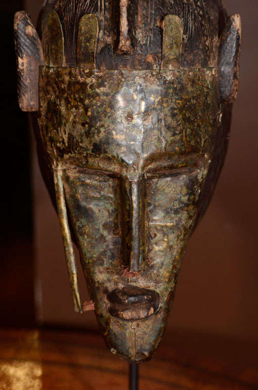 Malian Decorative African Brass-Mounted and Carved Wood Bambara Mask For Sale