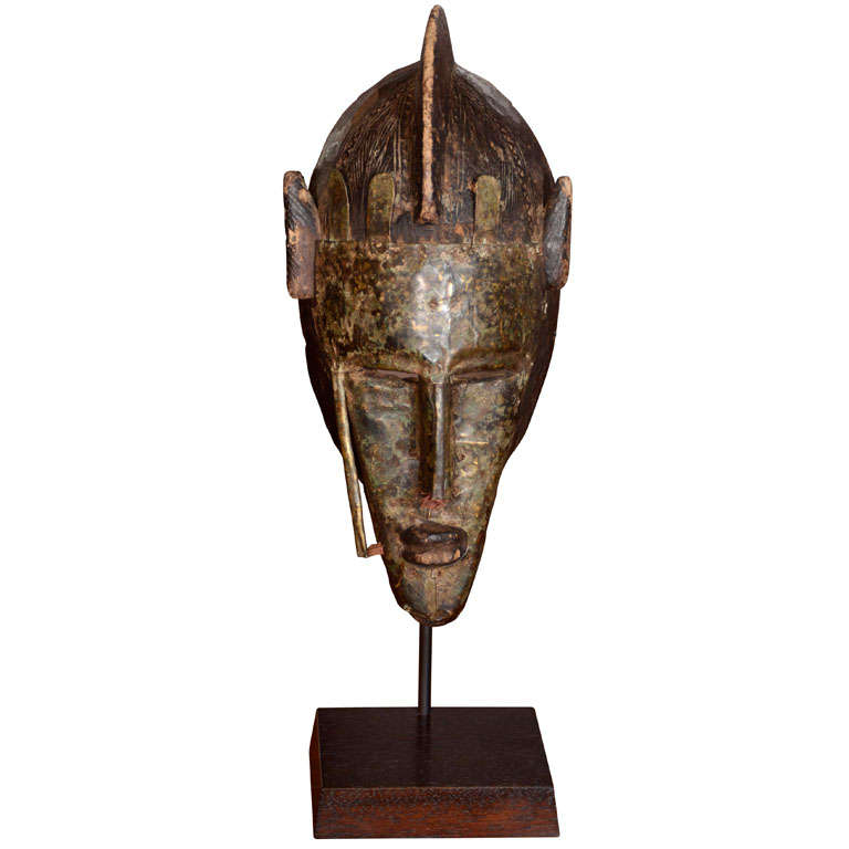 Decorative African Brass-Mounted and Carved Wood Bambara Mask For Sale
