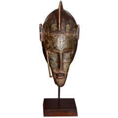 Decorative African Brass-Mounted and Carved Wood Bambara Mask