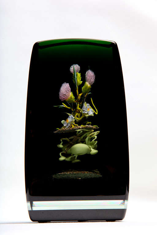 A fine Paul Stankard cloistered glass botanical with thistles, spotted white flowers, earth and bulbs