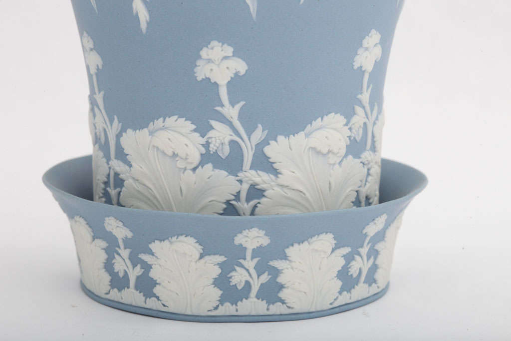 English Wedgwood Blue And White Jasper Flower Pot and Underplate For Sale